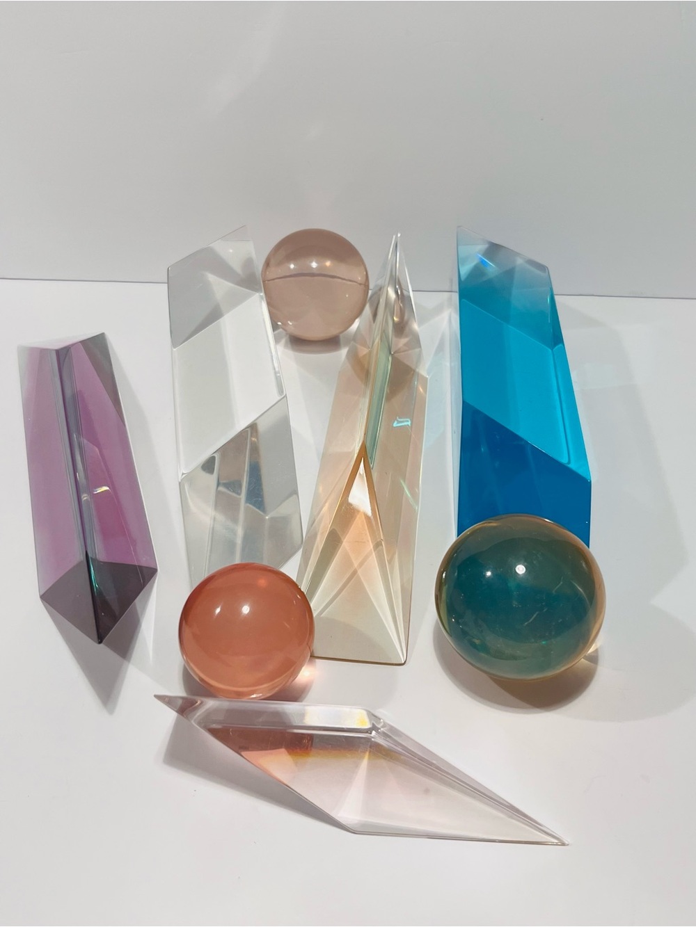 Midcentury Lucite Multicolor Table Decor Set of 8 Prizm & Spheres Sculptures